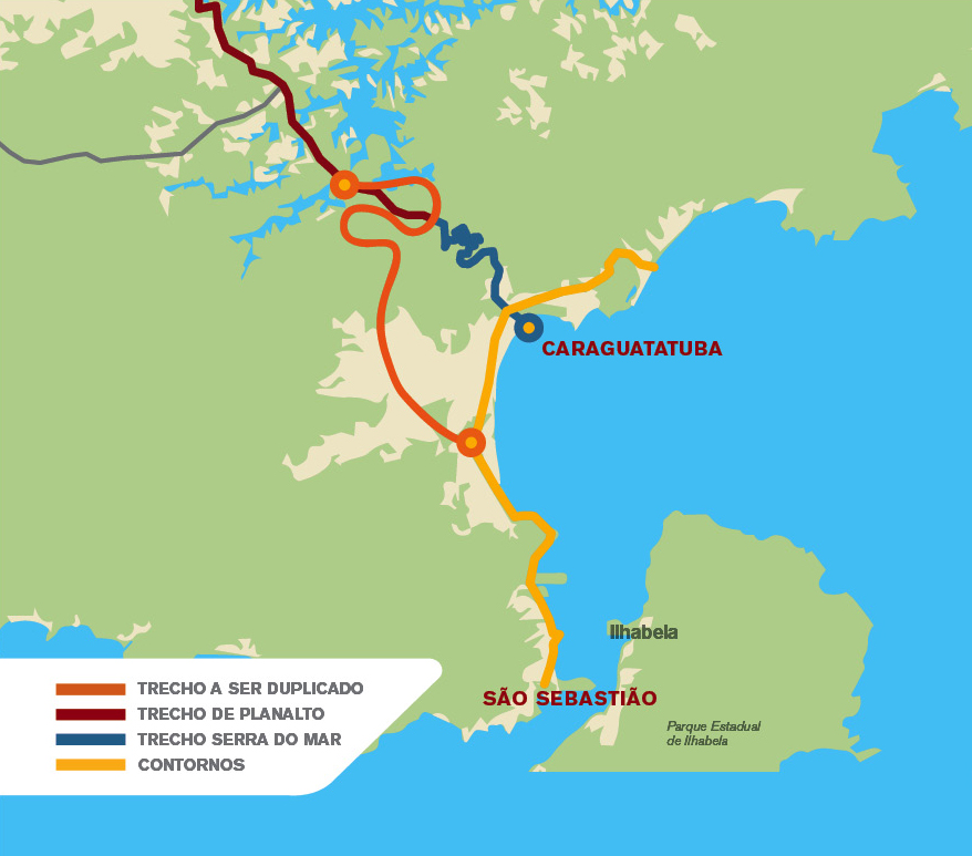 Mapa da Rodovia dos Tamoios com nova serra duplicada e contornos para Ubatuba, São Sebastião e Ilhabela